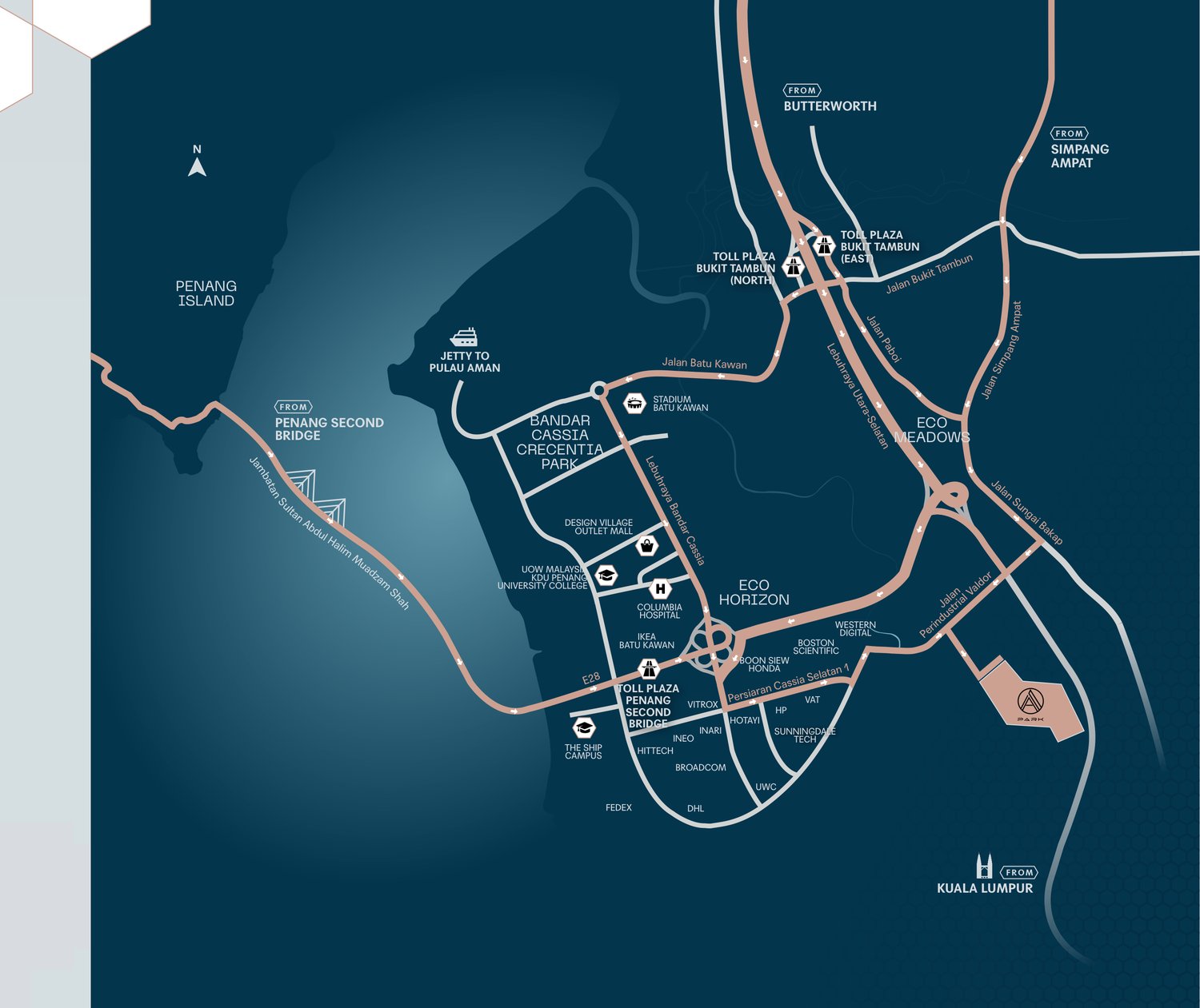 Location map of A-Park @ Batu Kawan East showing access to the Penang Second Bridge, North–South Expressway and Penang International Airport