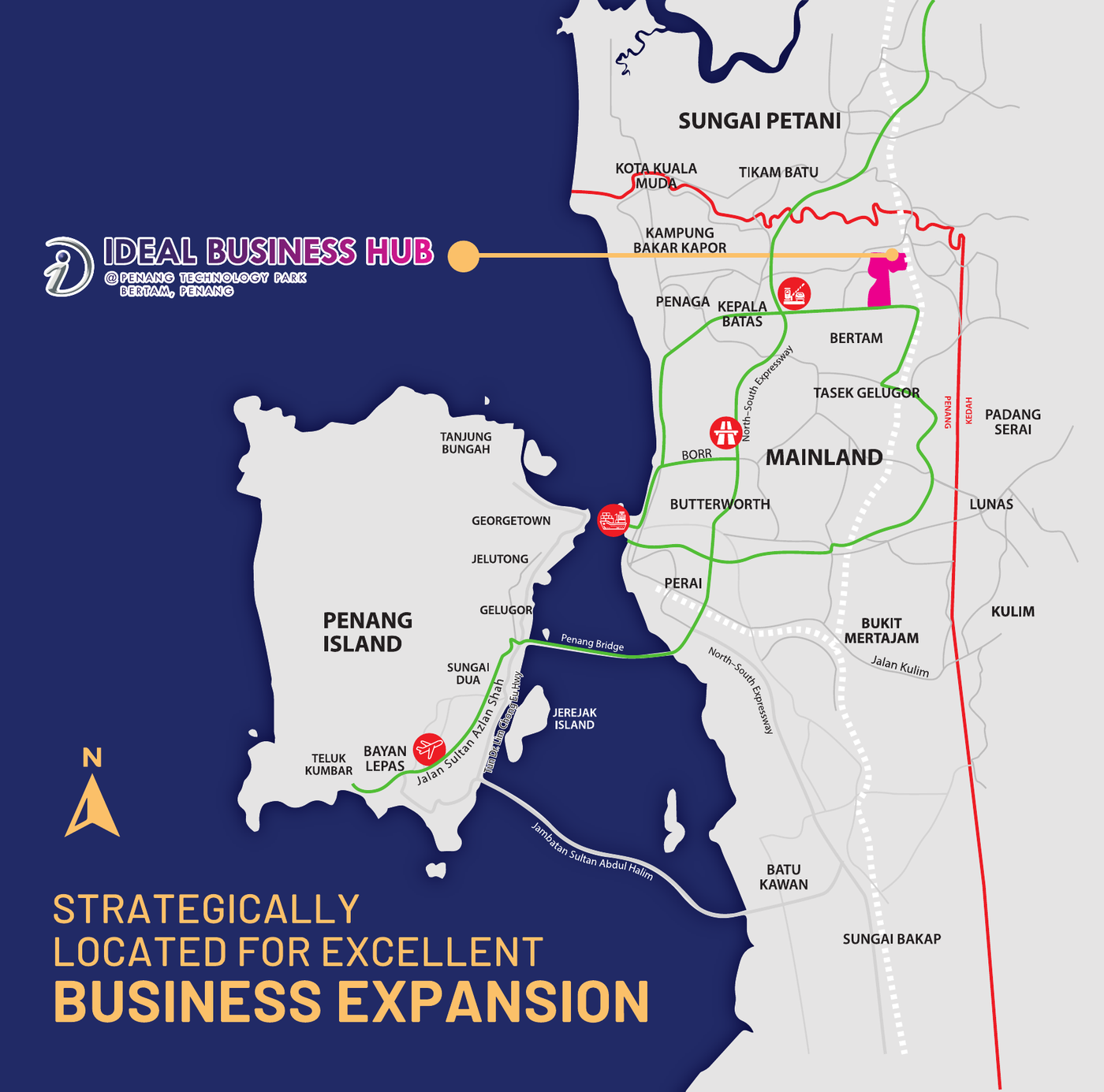 Location map of Ideal Business Hub in Bertam showing access to the North–South Expressway, Penang Port and Penang International Airport